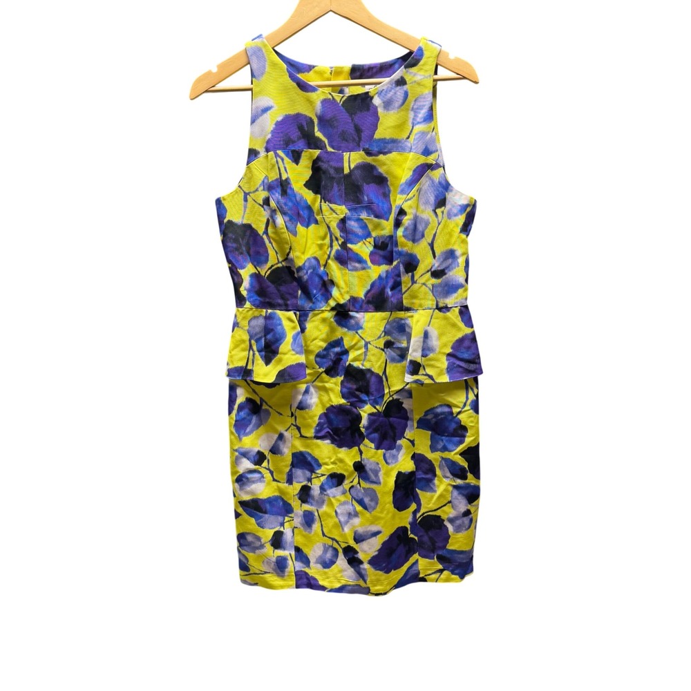 Milly of New York Yellow Purple Floral Peplum Sheath Dress Size 12 Made in USA‎